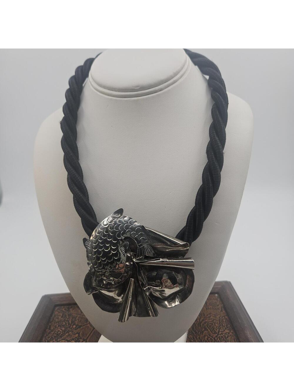 Vintage Brutalist Fish Pendant Necklace Sculptural 3" Pendant Twisted Cord